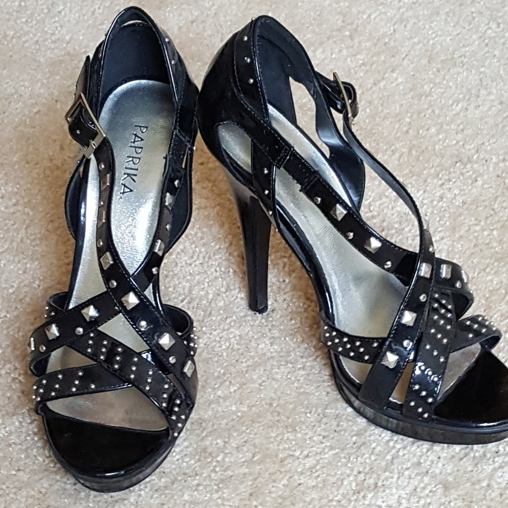 Black Patent Leather Studded Spike Heels